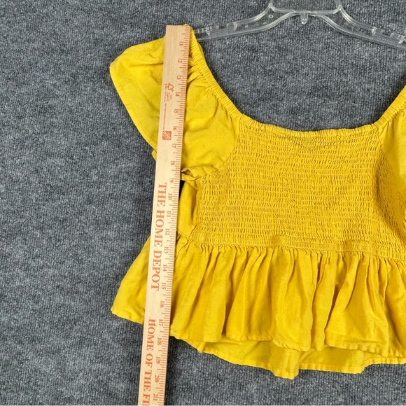 Midnight Sky Yellow Smocked Peplum Top L Flutter Sleeve Linen Blend Boho - Picture 6 of 9